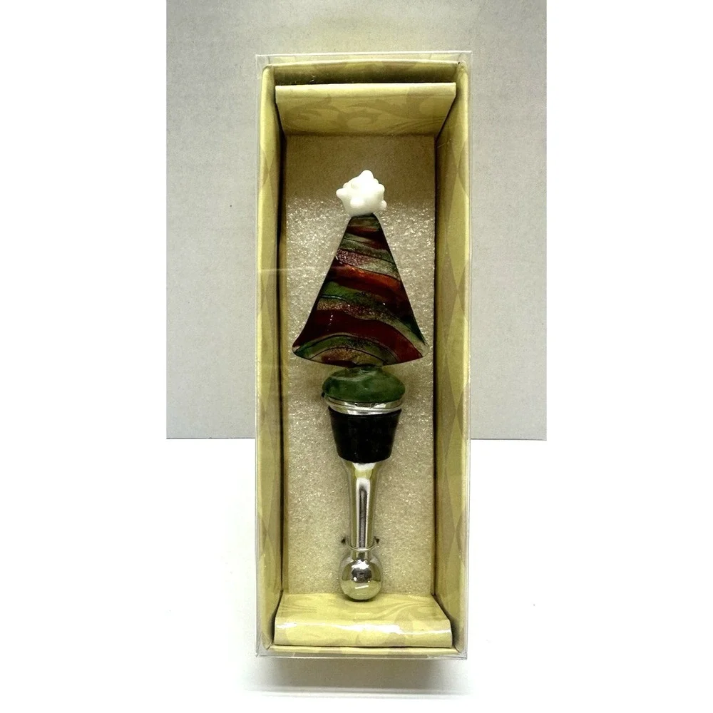 Blown Glass Christmas Tree Wine Stopper Green Red Mango Moon Holiday Party